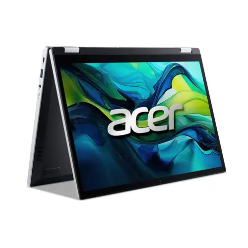 Acer Aspire Spin 14 convertible laptop in tent mode with dark chassis and touchscreen display