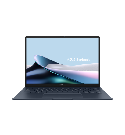 ASUS ZenBook Flip 14 laptop shown open at a front angle with thin bezels and OLED display