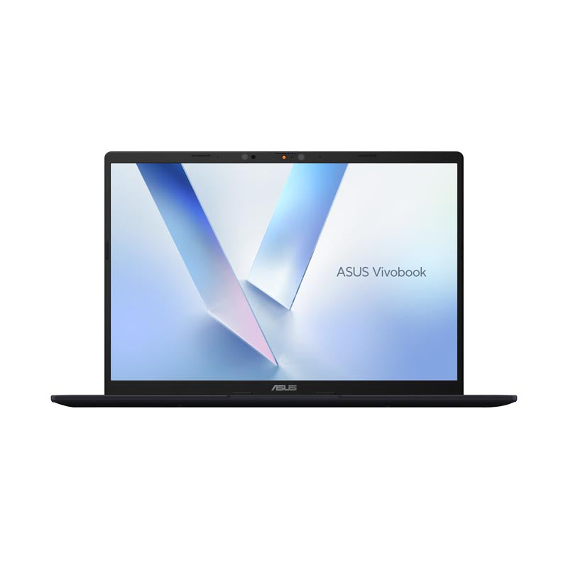 Asus Vivobook 14 laptop open at a front angle with quiet blue chassis and light blue display