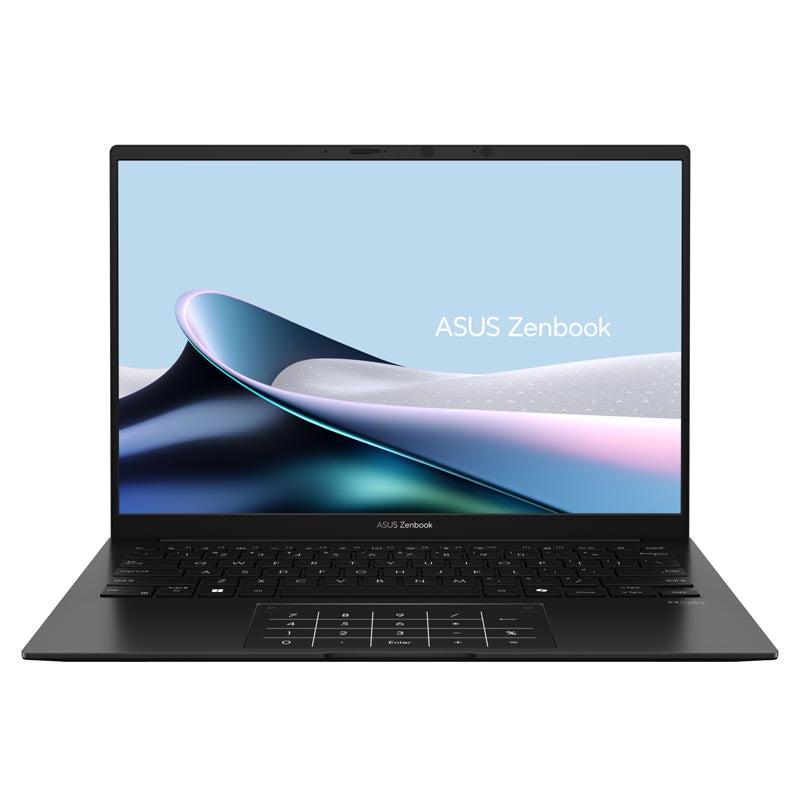 Asus Zenbook 14 laptop open at a front angle with dark gray chassis and OLED display