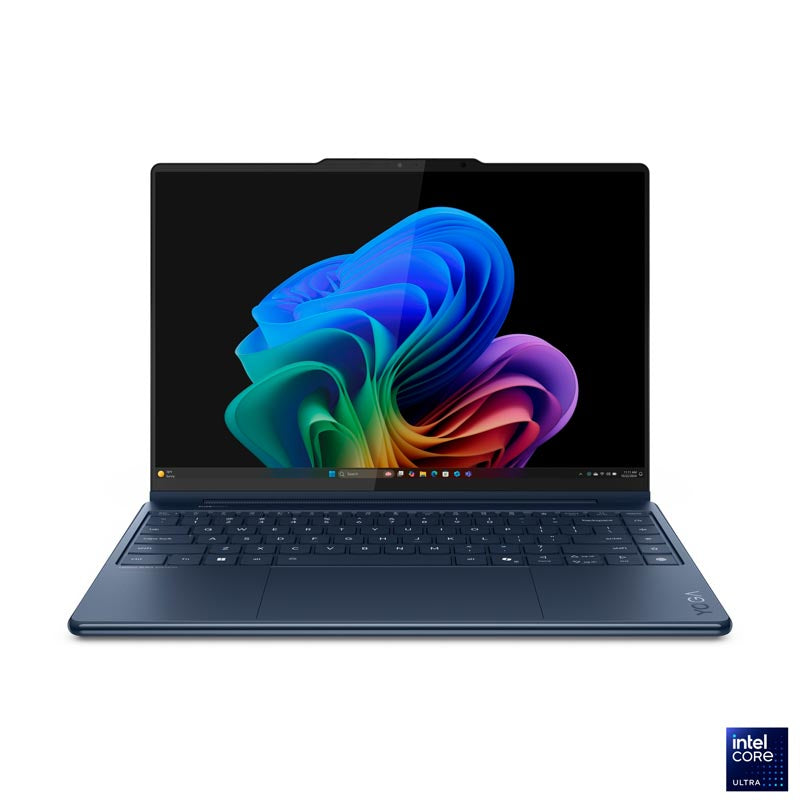 Lenovo Yoga 9i laptop open at a front angle with dark blue chassis and colorful display