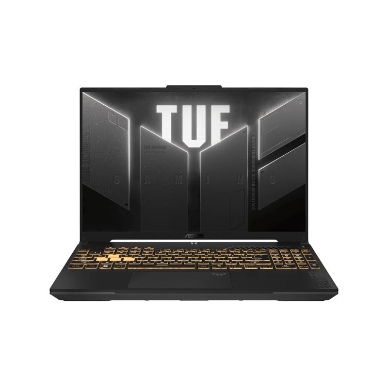 Asus TUF Gaming F16 laptop open at a front angle with black chassis and illuminated keyboard