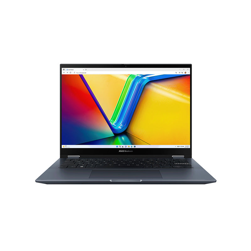 Asus Vivobook S 14 Flip laptop open at a front angle with quiet blue chassis and touchscreen display