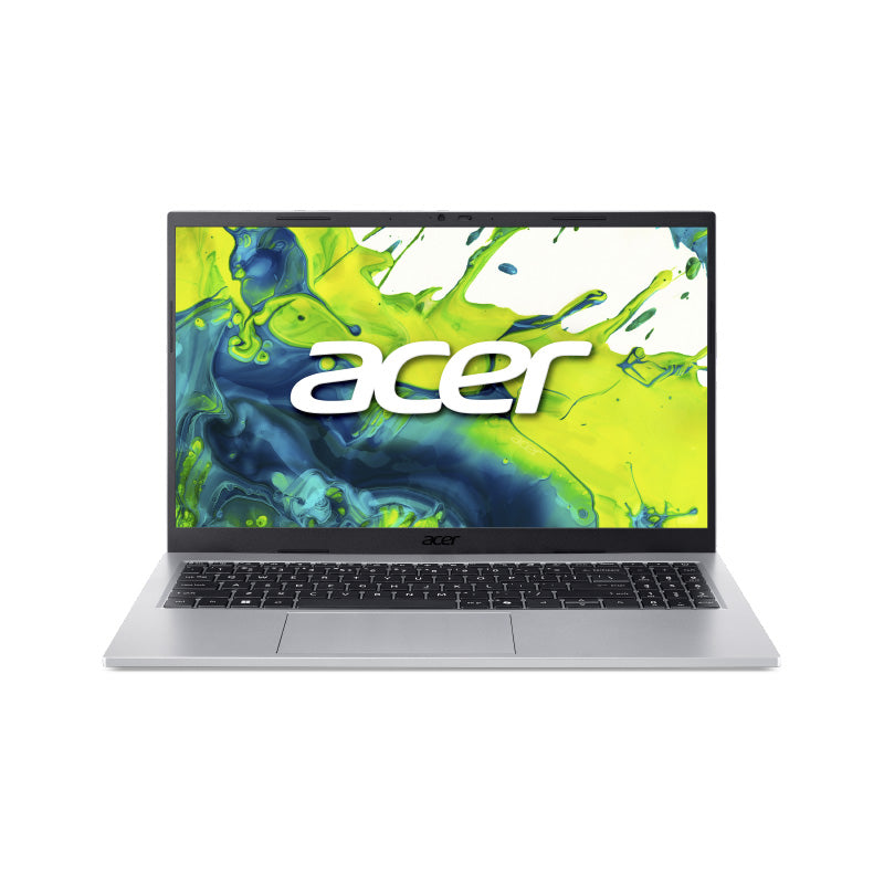 Acer Aspire Go 15 laptop in silver shown open with display on