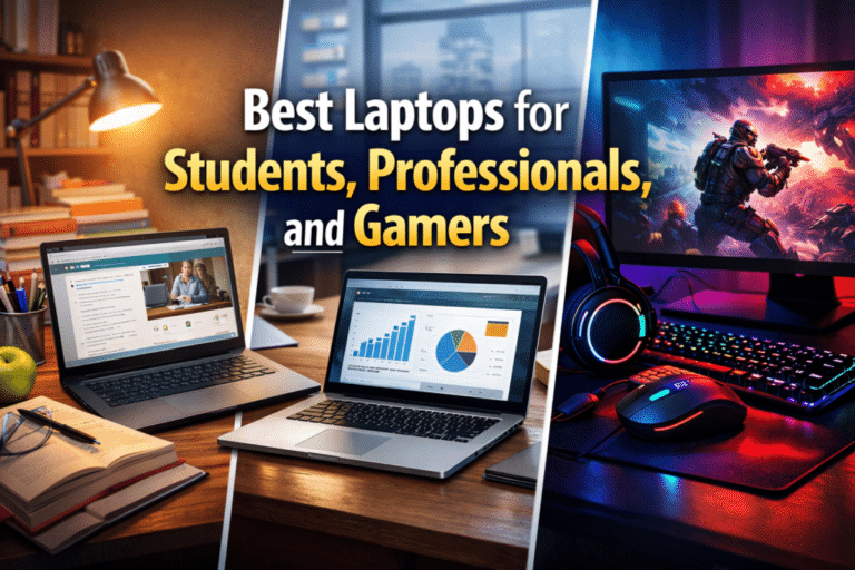 Best laptops for students, professionals, and gamers shown in different usage scenarios.