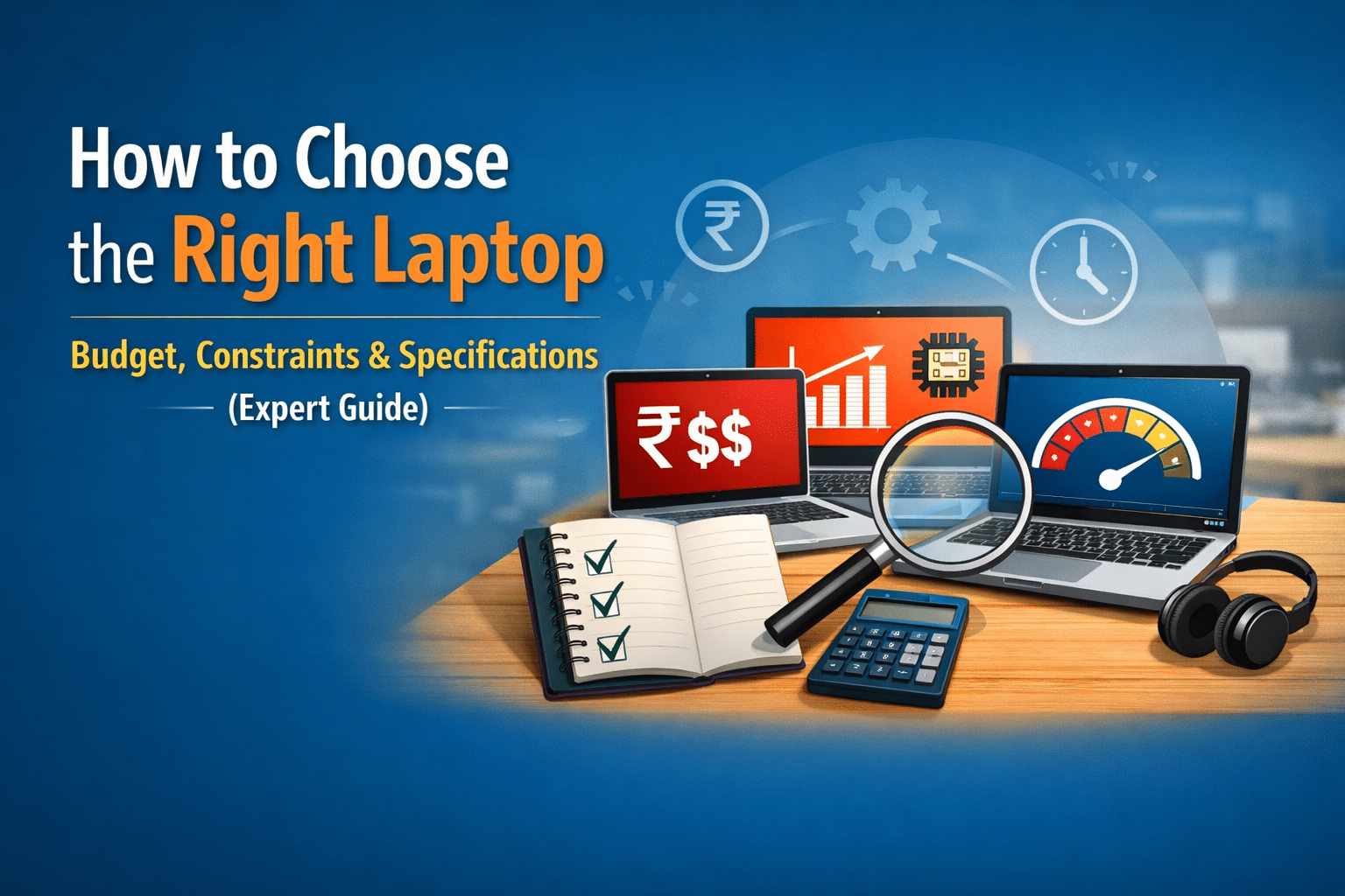 Illustration showing a guide to choosing the right laptop based on budget, constraints, and specifications.