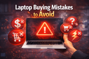 Laptop buying mistakes to avoid illustrated with warning icons and a laptop.