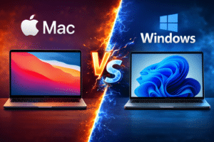 Mac vs Windows laptop comparison showing Apple MacBook and Windows laptop side by side